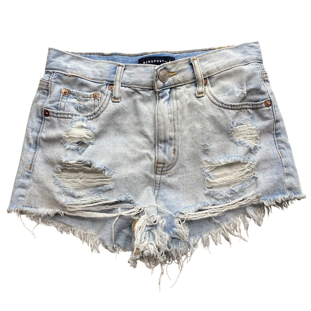 Aeropostale High Rise Shorty Distressed Denim Cutoff Shorts Light Wash Size 0